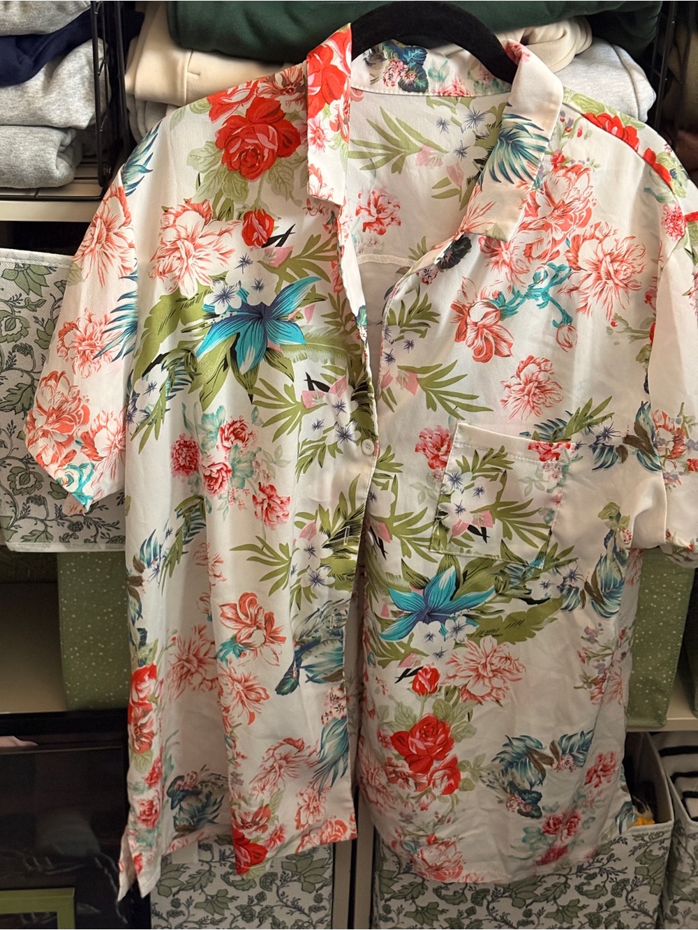 SHEIN White Floral Button-Up Blouse with Coral & Teal Accents